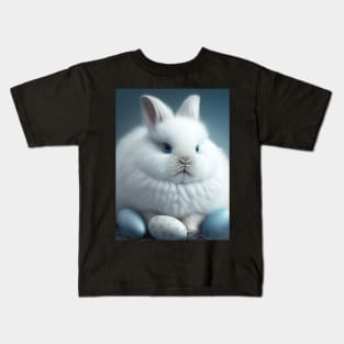 Cute White Fluffy Bunny with Blue Eyes and Easter Eggs Kids T-Shirt